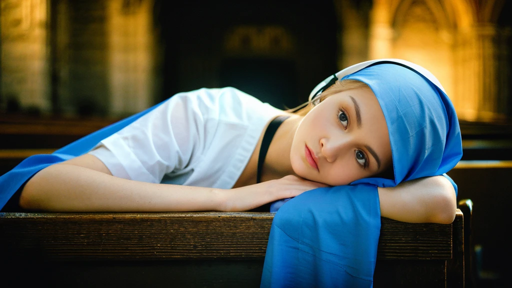Beautiful blonde with big breasts dressed as a nun (Sitting in a pew in a dark church),Wearing headphones,Very detailed, 21 years old, Innocent face, Naturally Wavy Hair, blue eyes, High resolution, masterpiece, Highest quality, Intricate details, Very detailed, Clear focus, Delicate skin, practical skin texture, texture, Delicate eyes, Professional, 4K, Sad crying face, Shot with Canon, 85mm, Shallow and deep, Kodak Vision Color, Exactly, Very detailed, photograph_\(Extremist\), photographpractical, practical, Post-processing, Maximum details, Roughness, Real Life, Extremist practical, Photorealism, photographgraphy, 8K Ultra HD, photographgraphy