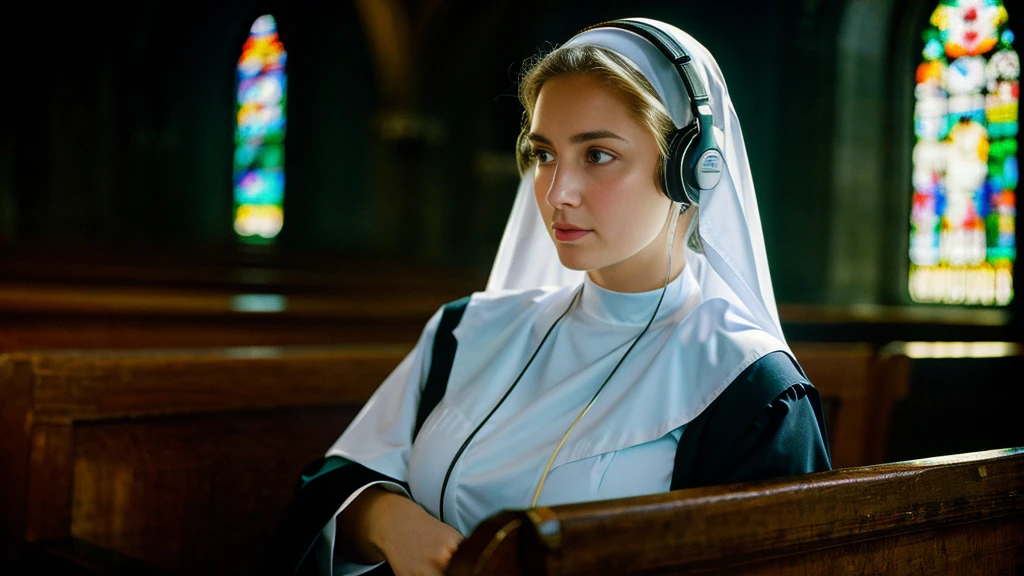Beautiful blonde with big breasts dressed as a nun (Sitting in a pew in a dark church),Wearing headphones,Very detailed, 21 years old, Innocent face, Naturally Wavy Hair, blue eyes, High resolution, masterpiece, Highest quality, Intricate details, Very detailed, Clear focus, Delicate skin, practical skin texture, texture, Delicate eyes, Professional, 4K, Sad crying face, Shot with Canon, 85mm, Shallow and deep, Kodak Vision Color, Exactly, Very detailed, photograph_\(Extremist\), photographpractical, practical, Post-processing, Maximum details, Roughness, Real Life, Extremist practical, Photorealism, photographgraphy, 8K Ultra HD, photographgraphy