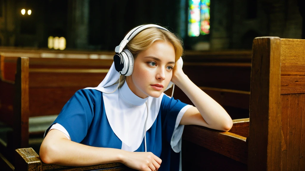 Beautiful blonde with big breasts dressed as a nun (Sitting in a pew in a dark church),Wearing headphones,Very detailed, 21 years old, Innocent face, Naturally Wavy Hair, blue eyes, High resolution, masterpiece, Highest quality, Intricate details, Very detailed, Clear focus, Delicate skin, practical skin texture, texture, Delicate eyes, Professional, 4K, Sad crying face, Shot with Canon, 85mm, Shallow and deep, Kodak Vision Color, Exactly, Very detailed, photograph_\(Extremist\), photographpractical, practical, Post-processing, Maximum details, Roughness, Real Life, Extremist practical, Photorealism, photographgraphy, 8K Ultra HD, photographgraphy