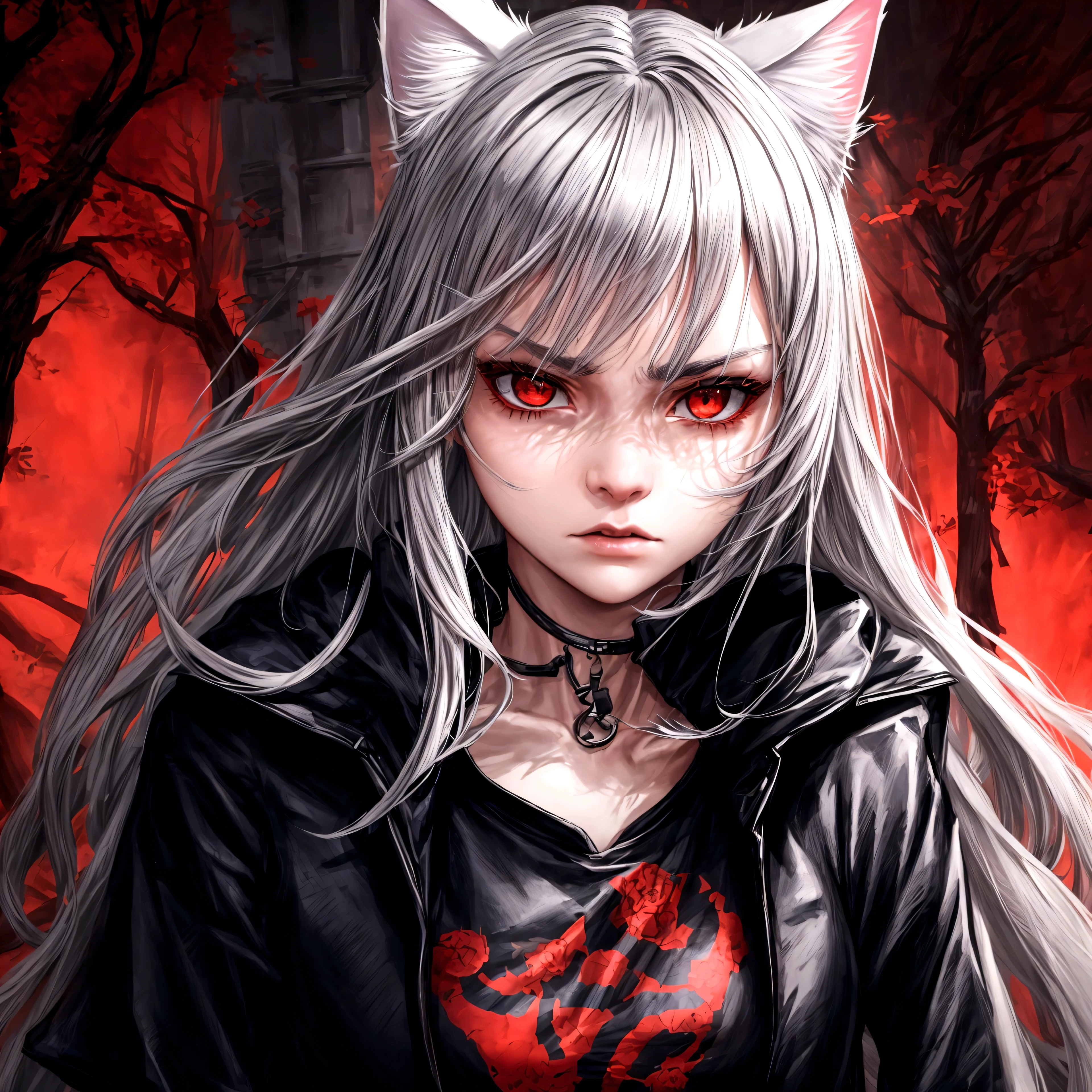 1 girl, beautiful face, cool, intimidation, black eye, long hair, gray hair, cat ear, black jacket, red color t-shirt, nature place