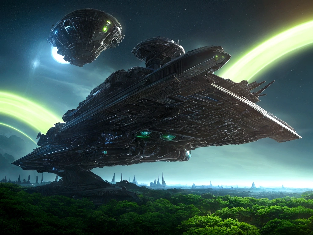 a alien spacecraft, approaching a lush, verdant planet, detailed view of the back of the ship, advanced technology, glowing engines, sleek design, dramatic lighting, vibrant colors, cinematic composition, epic scale, photorealistic, highly detailed, 8k, award-winning, concept art style