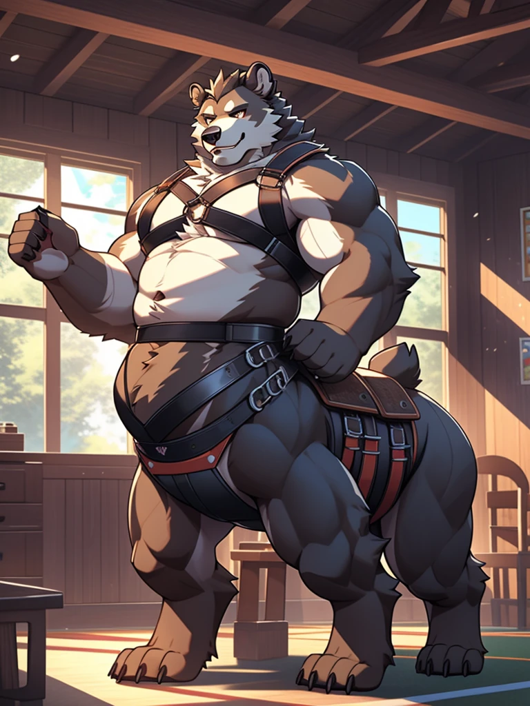 furry, fur taur, brown beartaur Orc, Tall and , Sports Teacher, Sunny Handsome, middle-age, detailed face, bear ears, hair(mature(light-white)), bear nose(black), bear mouth, garibaldi beard(light-white), bear eyes(yellow), detailed body belly, muscle belly(white), ????? harness, detailed arms, strongest, hands(five fingers), detailed taur body, bear paws, beartail(light-brown), Dappled Light, Natural Light, Interior Rendering, XGIMI, Clear Detail, Realism, Rendering, Nikon, C4D, 3DMAX, Redshift Rendering, Corona Rendering, Behace --ar 1:2 --C 10, Happy, Estrus