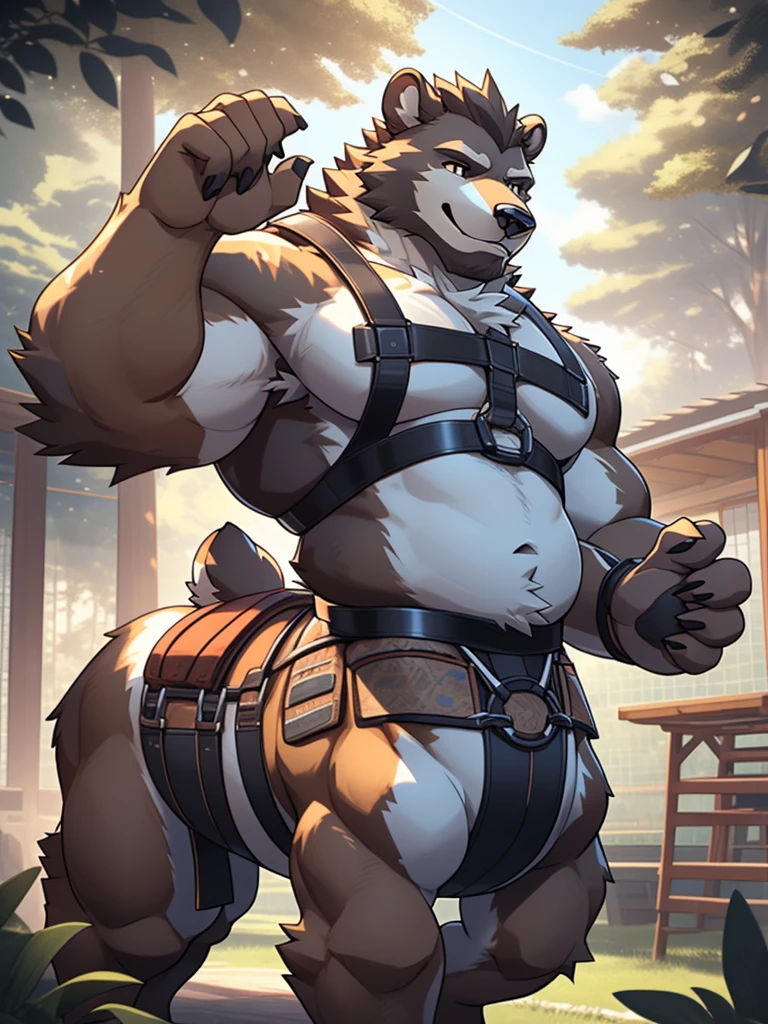 furry, fur taur, brown beartaur Orc, Tall and , Sports Teacher, Sunny Handsome, middle-age, detailed face, bear ears, hair(mature(light-white)), bear nose(black), bear mouth, garibaldi beard(light-white), bear eyes(yellow), detailed body belly, muscle belly(white), chest harness, detailed arms, strongest, hands(five fingers), detailed taur body, bear paws, beartail(light-brown), Dappled Light, Natural Light, Interior Rendering, XGIMI, Clear Detail, Realism, Rendering, Nikon, C4D, 3DMAX, Redshift Rendering, Corona Rendering, Behace --ar 1:2 --C 10, Happy, Estrus