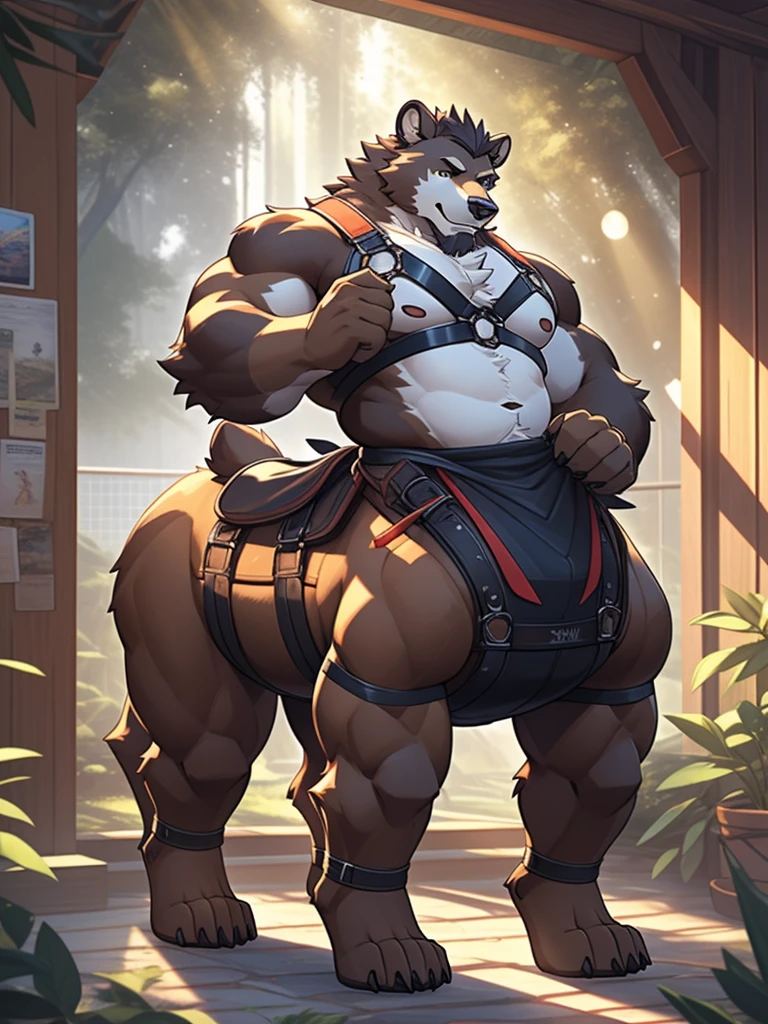 furry, fur taur, brown beartaur Orc, Tall and , Sports Teacher, Sunny Handsome, -age, diled face, bear ears, hair(mature(light-white)), bear nose(black), bear mouth, garibaldi beard(light-white), bear eyes(yellow), detailed body belly, muscle belly(white), chest harness, detailed arms, strongest, hands(five fingers), detailed taur body, bear paws, beartail(light-brown), Dappled Light, Natural Light, Interior Rendering, XGIMI, Clear Detail, Realism, Rendering, Nikon, C4D, 3DMAX, Redshift Rendering, Corona Rendering, Behace --ar 1:2 --C 10, Happy, Estrus