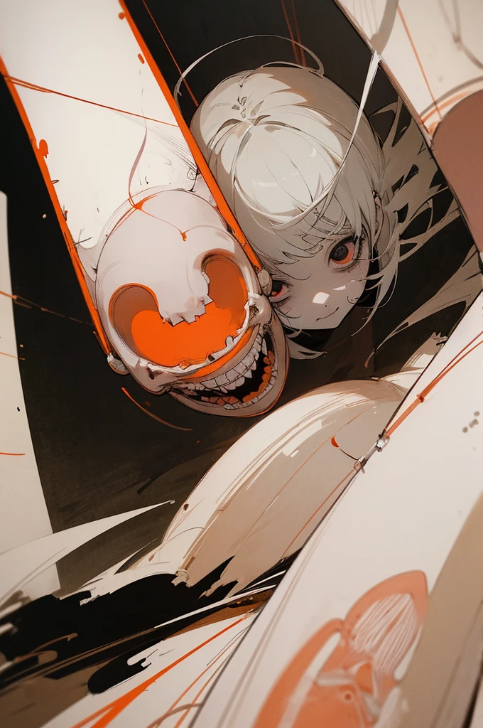 ((festival)), Outline warm color, ((Jump scares)), scribble, nightmare, Doll-like face, Manga style, rough sketch, Horror elements, (masterpiece), (High resolution), (Very delicate), (clear), Comic style illustration, (drawing style), warm color, (Horror elements), Japanese painting, whole body, Appear, angle, (snap shot), Bugaboo, that'terrible, (Spooky), Japan sculpture, primitive art, old picture scroll style, old staging, Ancient mural style, crazy illustration, antique, Dark atmosphere, Flat Illustration, Crazy Smile, Spookyな外観, Characteristic hairstyle, creative accessories, Unique atmosphere