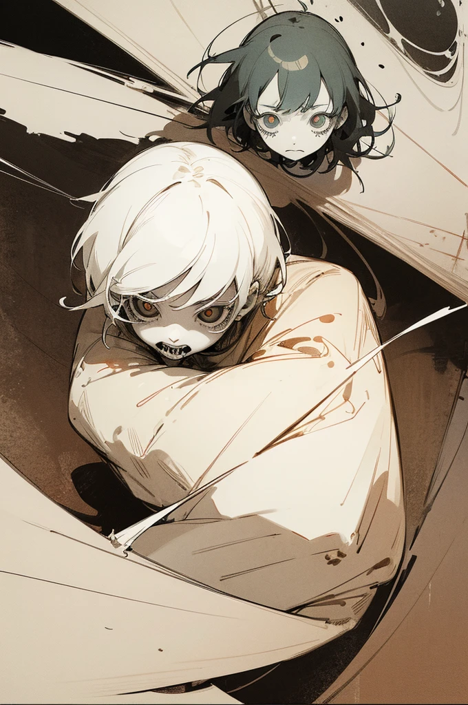 ((festival)), Outline warm color, ((Jump scares)), scribble, nightmare, Doll-like face, Manga style, rough sketch, Horror elements, (masterpiece), (High resolution), (Very delicate), (clear), Comic style illustration, (drawing style), warm color, (Horror elements), Japanese painting, whole body, Appear, angle, (snap shot), Bugaboo, that&#39;terrible, (Spooky), Japan sculpture, primitive art, old picture scroll style, old staging, Ancient mural style, crazy illustration, antique, Dark atmosphere, Flat Illustration, Crazy Smile, Spookyな外観, Characteristic hairstyle, creative accessories, Unique atmosphere