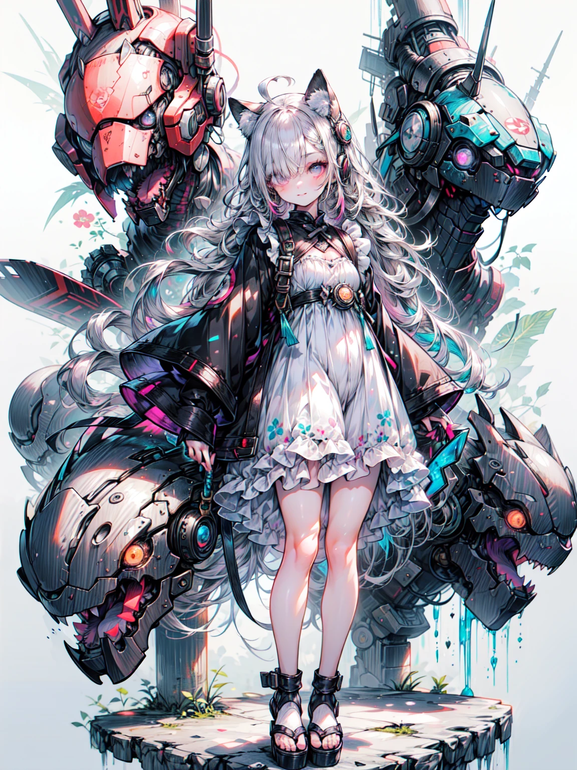 japenese manga style, cute girl, Japanese maid uniform, holding a samurai sword, backpack on her back, full body shot, concept art, pastel simple background, Perfect Anatomy,Five perfect fingers,Vibrant colors,wonderful,Ultra-fine illustrations、Blake、(Dark Elf), (1 Girl), alone, Perfect Face, Get used to it, Ahoge, ((Long Hair:1.2)), (Hair above one eye:1.3), [[Messy Hair]], Shiny blonde white hair, Purple eyes, Variegated eyes, Colorful Hair, Shining Eyes, (eyelash, eye shadow, pink eye shadow), bright, smile, Design Art：haruhiko mikimoto, by Kawashi, By Yoshitaka Amano, Dark Skin