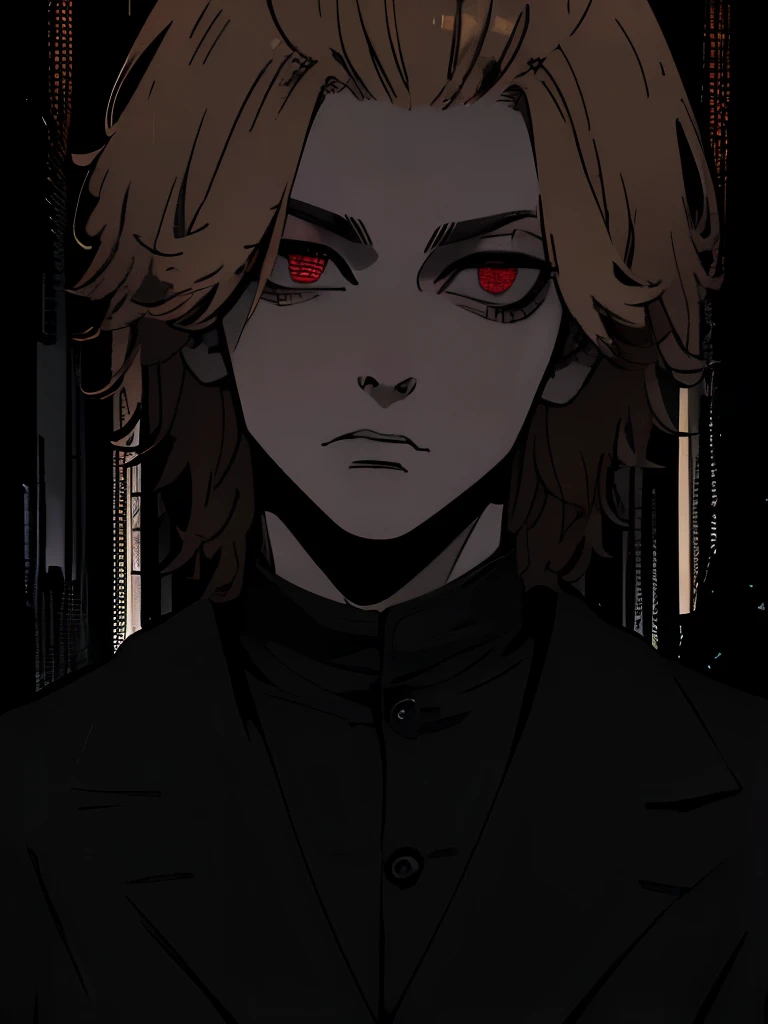 Best quality)), ((masterpiece)), (detailed: 1.4), black suit , , glowing red eyes, dark background, dark environment, scary, junji ito, juni ito inspired, japanese horror inspired, wide eyes, full body, dark empty eyes