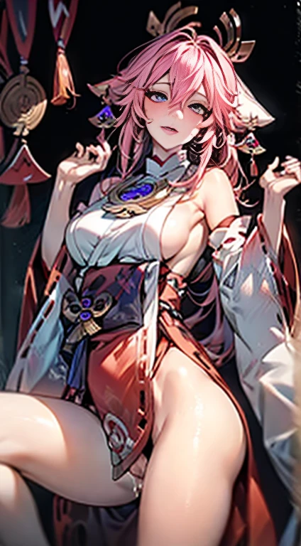 ((Highest quality, 8K, masterpiece: 1.3, One girl, beautiful girl)), cute, dynamism, Detailed face, Detailed skin, Detailed clothing, Fine grain, Detailed lips, Detailed tongue, Detailed fingers, Mouth details, Realistic, RAW Photos, High resolution, Natural light, Dynamic pose, Perfect Anatomy, Toned Legs, double eyelid, Tear bags, Round eyes, Moist lips, Sweaty, (Miko Yae, Pink Hair, Hair between the eyes, Long Hair, kimono, hair ornamalet, ornamalet on the chest, Side bust:1.5), Rubber Dress, skirt, Sexy panties, Earrings, Half closed eyes, Sticking out tongue, Open your mouth, Drooling, Cum on my chest, Ecstatic face, Ahegao:1.5, Spread your legs, ((hands of male are grabbing her breasts, Multiple hands)), male, The body is slim, skirt lift, lots hands of male are touching her body, When it enters the sheath, Cum on thighs, Arms restrained with metal handcuffs and chains, vapor:1.5, Raise the hand, Browsing Caution, Peeing, pubic hair, in the vagina, Sex toys in the vagina, Nipple Shape, skirt lift, Masturbation