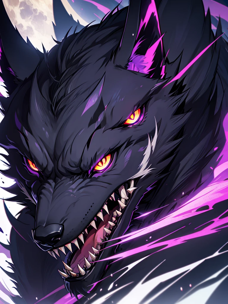 Demon Wolf、Black fur、Purple glowing eyes、Sharp fangs and claws、Drooling from the mouth