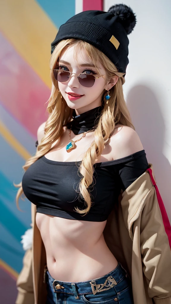 1 Girl，Sexy Mature，Long blonde hair，very long, Long Hair，blue eyes，Highly detailed face，fine grain，Wearing a colorful beanie hat，Big Breasts，Stylish clothing，Black T-shirt，Statement Earrings、jewelry，Wear sunglasses，Full of smiles，Upper Body Shot，background：Colorful rainbow wall，Nice，