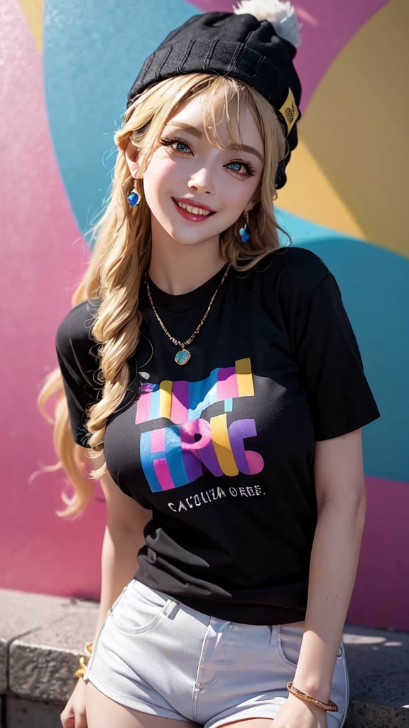 1 Girl，Sexy Mature，Long blonde hair，very long, Long Hair，blue eyes，Highly detailed face，fine grain，Wearing a colorful beanie hat，Big Breasts，Stylish clothing，Black T-shirt，Statement Earrings、jewelry，Wear sunglasses，Full of smiles，Upper Body Shot，background：Colorful rainbow wall，Nice，