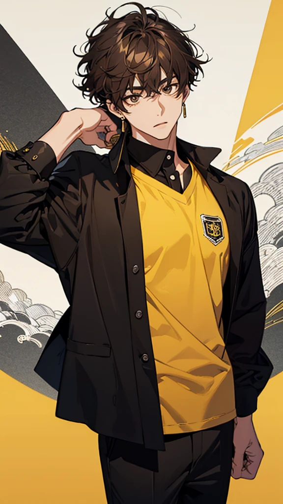 Man, Japanese, university student, brown hair, curly hair, yellow and black gradient shirt, silver wristwatch, black ring earrings