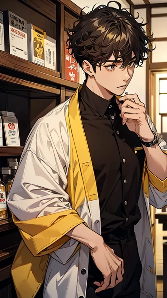 Man, Japanese, university student, brown hair, curly hair, yellow and black gradient shirt, silver wristwatch, black ring earrings