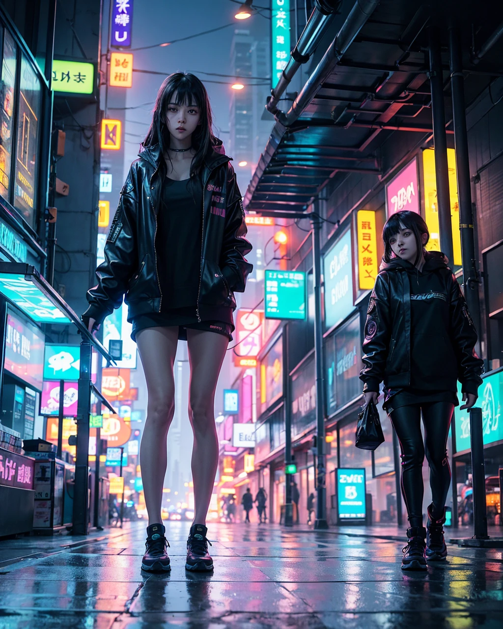 cyberpunk girl walking through a bustling, neon-lit metropolis feeling utterly alone despite the throngs of people around her. What memories haunt her, and how does she cope with her solitude?