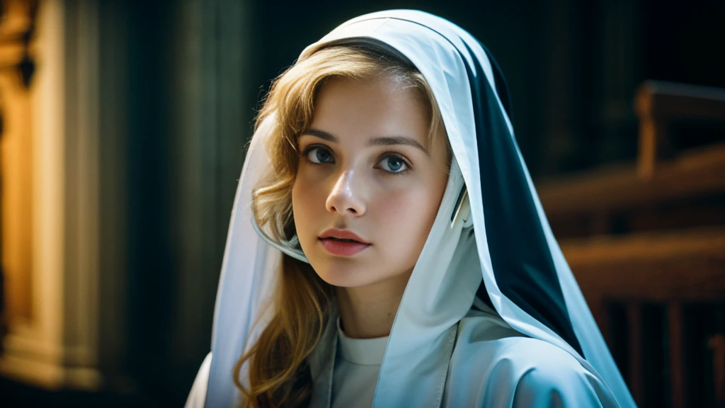 Beautiful blonde with big breasts dressed as a nun (Depressed in a dark church),Wearing headphones,Very detailed, 21 years old, Innocent face, Naturally Wavy Hair, blue eyes, High resolution, masterpiece, Highest quality, Intricate details, Very detailed, Clear focus, Delicate skin, practical skin texture, texture, Delicate eyes, Professional, 4K, Sad crying face, Shot with Canon, 85mm, Shallow and deep, Kodak Vision Color, Exactly, Very detailed, photograph_\(Extremist\), photographpractical, practical, Post-processing, Maximum details, Roughness, Real Life, Extremist practical, Photorealism, photographgraphy, 8K Ultra HD, photographgraphy