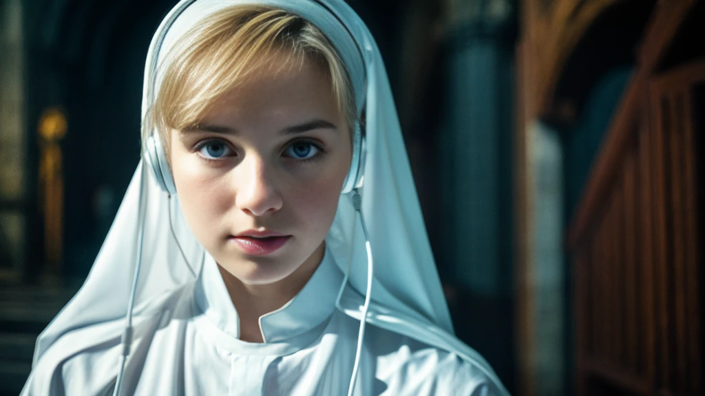 Beautiful blonde with big breasts dressed as a nun (Depressed in a dark church),Wearing headphones,Very detailed, 21 years old, Innocent face, Naturally Wavy Hair, blue eyes, High resolution, masterpiece, Highest quality, Intricate details, Very detailed, Clear focus, Delicate skin, practical skin texture, texture, Delicate eyes, Professional, 4K, Sad crying face, Shot with Canon, 85mm, Shallow and deep,  Kodak Vision Color, Exactly, Very detailed, photograph_\(Extremist\), photographpractical, practical, Post-processing, Maximum details, Roughness, Real Life, Extremist practical, Photorealism, photographgraphy, 8K Ultra HD, photographgraphy