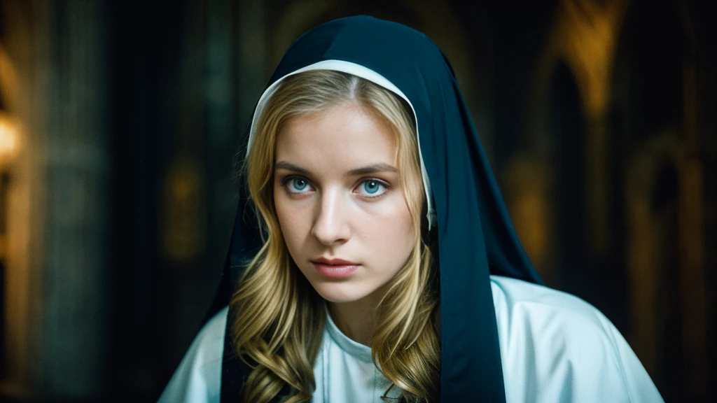 Beautiful blonde with big breasts dressed as a nun (Depressed in a dark church),Wearing headphones,Very detailed, 21 years old, Innocent face, Naturally Wavy Hair, blue eyes, High resolution, masterpiece, Highest quality, Intricate details, Very detailed, Clear focus, Delicate skin, practical skin texture, texture, Delicate eyes, Professional, 4K, Sad crying face, Shot with Canon, 85mm, Shallow and deep, Kodak Vision Color, Exactly, Very detailed, photograph_\(Extremist\), photographpractical, practical, Post-processing, Maximum details, Roughness, Real Life, Extremist practical, Photorealism, photographgraphy, 8K Ultra HD, photographgraphy