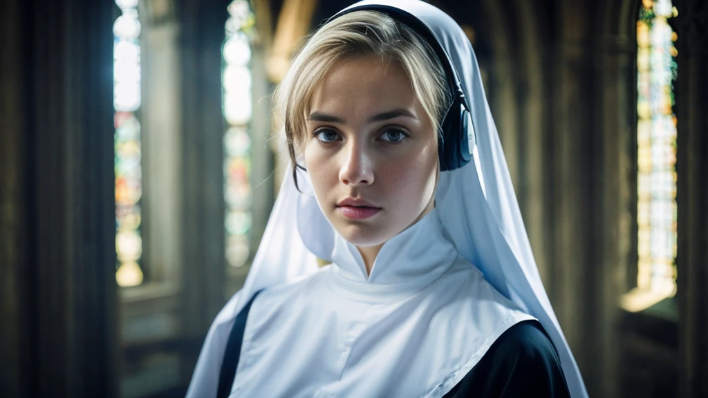 Beautiful blonde with big breasts dressed as a nun (Depressed in a dark church),Wearing headphones,Very detailed, 21 years old, Innocent face, Naturally Wavy Hair, blue eyes, High resolution, masterpiece, Highest quality, Intricate details, Very detailed, Clear focus, Delicate skin, practical skin texture, texture, Delicate eyes, Professional, 4K, Sad crying face, Shot with Canon, 85mm, Shallow and deep,  Kodak Vision Color, Exactly, Very detailed, photograph_\(Extremist\), photographpractical, practical, Post-processing, Maximum details, Roughness, Real Life, Extremist practical, Photorealism, photographgraphy, 8K Ultra HD, photographgraphy
