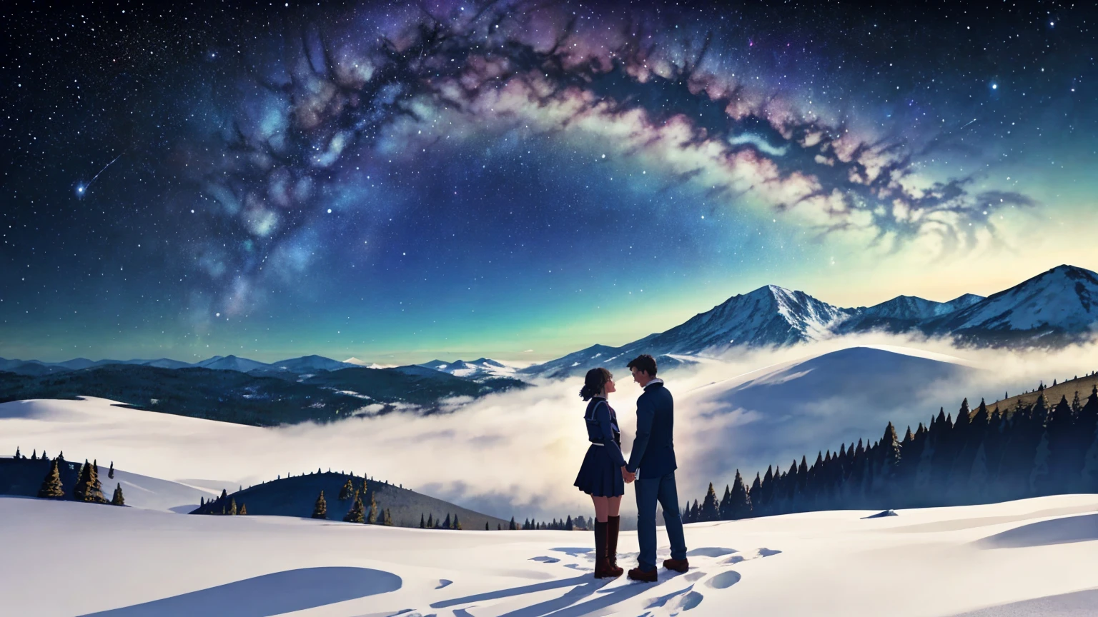 The background is the fantastic Milky Way、A man and a woman standing on a hill holding hands2People holding hands and looking at each other