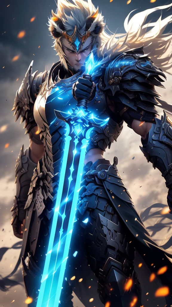 Create a highly detailed and realistic image of a fierce warrior standing tall, gripping a sword in both hands. The warrior should have a determined and intense expression, with battle-worn armor showcasing his strength and resilience. The sword he holds should have intricate runic symbols etched along the blade, glowing with a mystical light. The scene should be dramatic, with dynamic lighting and a background that enhances the warrior's imposing presence. Emphasize the realism and fine details, capturing every element with precision