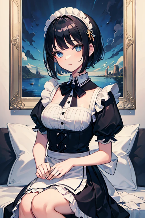 ((Highest quality)), ((masterpiece)), (Familiar), Illustration Style,Perfect Face,1 Girl,Black Hair,Short Hair,Glowing Skin,big, Bright Blue Eyes,Beautiful Bangs,Small breasts,Super Beauty,woman,,Black maid outfit,Beautiful clothes,