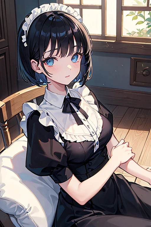 ((Highest quality)), ((masterpiece)), (Familiar), Illustration Style,Perfect Face,1 Girl,Black Hair,Short Hair,Glowing Skin,big, Bright Blue Eyes,Beautiful Bangs,Small breasts,Super Beauty,woman,16 years old,Black maid outfit,Beautiful clothes,