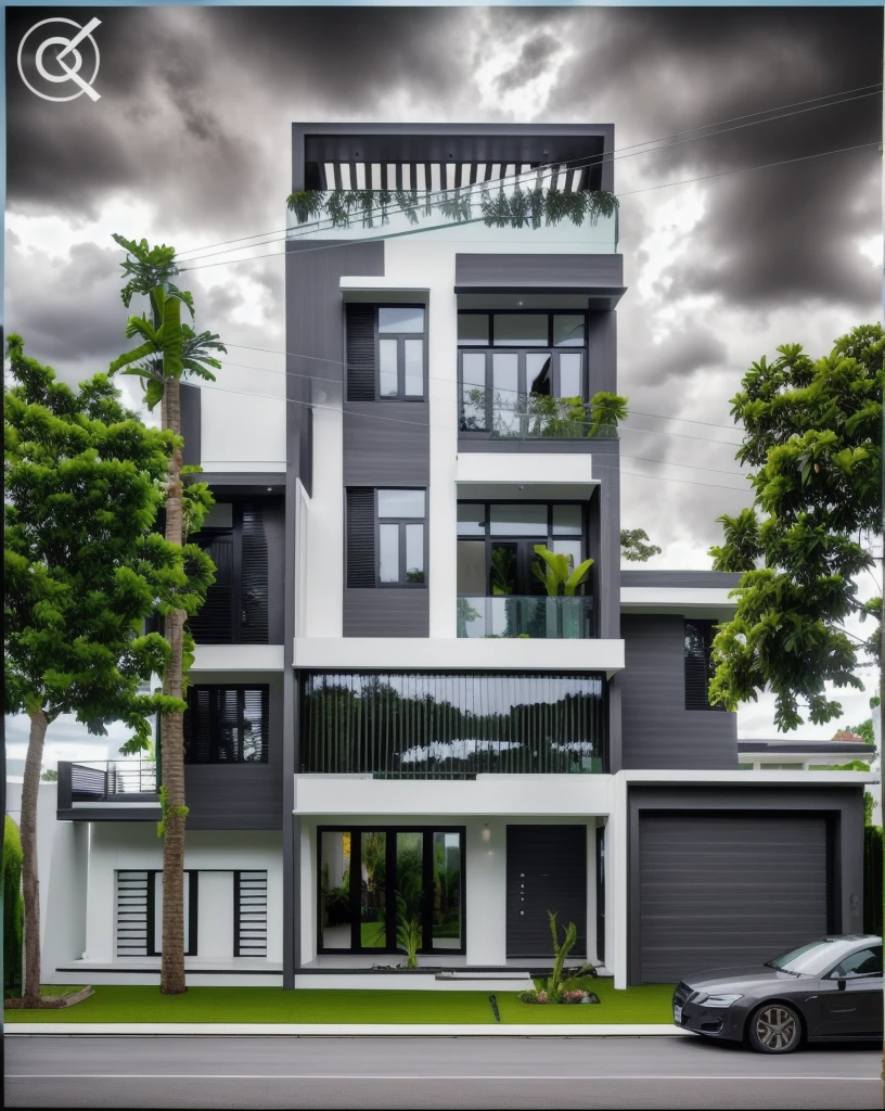 modern villa on street, (overcast lighting:1.2), tropical tree, vivid color, curve wall, streetcapes, nice sky, grey and wwhite tone, (large glass door:1.2), warm interior lighting, modern material, best quality, ultra realistic, masterpiece
