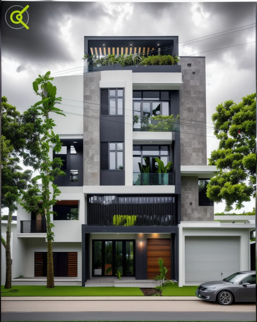 modern villa on street, (overcast lighting:1.2), tropical tree, vivid color, curve wall, streetcapes, nice sky, grey and wwhite tone, (large glass door:1.2), warm interior lighting, modern material, best quality, ultra realistic, masterpiece