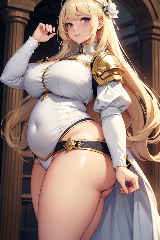 (Best quality), (detailed), (high res, 4k), chubby knight lady, white clothing, fair appearance, blonde long hair, cute face, big ass, wide hips, small belly, looking at viewer, sexy face, sexy pose, (19th cnetury britain), moaning, slightly chubby, knight attire, fat booty