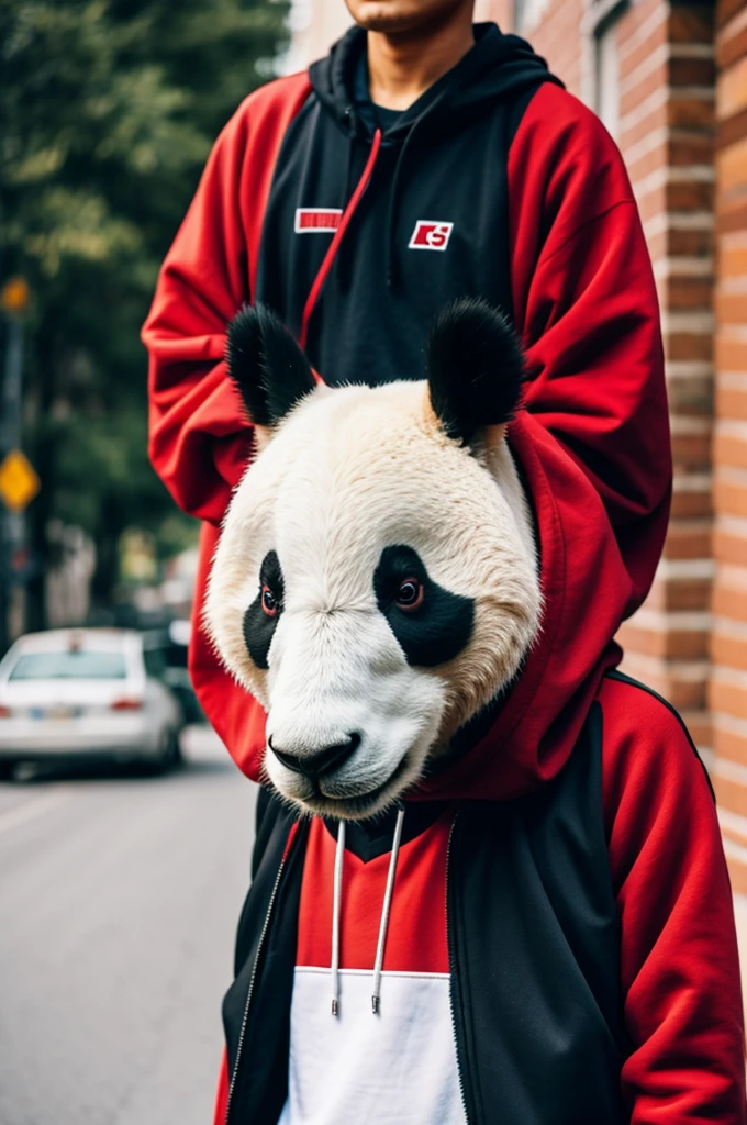 A panda wearing a red sweatshirt with a llama logo with a lens