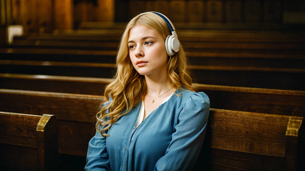 Beautiful blonde with large breasts in mourning clothes (Sitting in a pew in a dark church),Wearing headphones,Very detailed, 21 years old, Innocent face, Naturally Wavy Hair, blue eyes, High resolution, masterpiece, Highest quality, Intricate details, Very detailed, Clear focus, Delicate skin, practical skin texture, texture, Delicate eyes, Professional, 4K, Sad crying face, Shot with Canon, 85mm, Shallow and deep,  Kodak Vision Color, Exactly, Very detailed, photograph_\(Extremist\), photographpractical, practical, Post-processing, Maximum details, Roughness, Real Life, Extremist practical, Photorealism, photographgraphy, 8K Ultra HD, photographgraphy