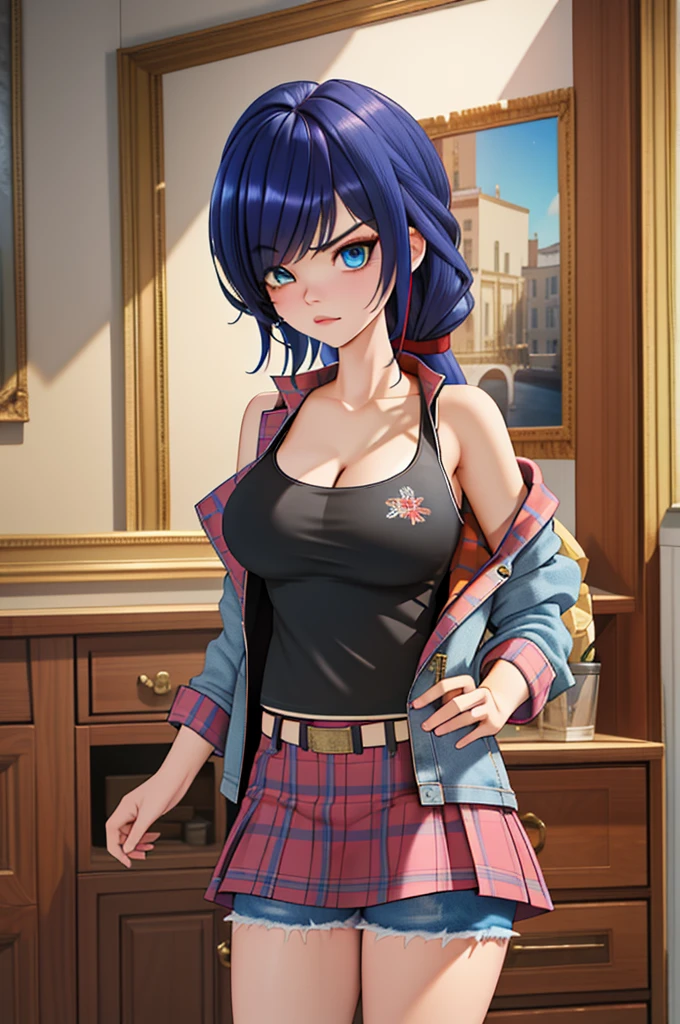 (8k, RAW photo, best quality, masterpiece:1.2), (intricate details), perfect eyes, perfect face, perfect lighting, beautiful, (masterpiece:1.2), (best quality:1.2), 1girl, solo, marinette, blue hair, ((long loosen hair, bangs over one eye )), adult torso, 19 years old, angry, huge sized breasts, (tank top, denim jacket, red skirt), cowboy shot, 3DMM, standing, front view, 