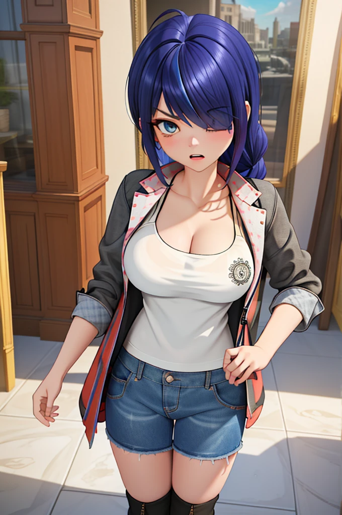 (8k, RAW photo, best quality, masterpiece:1.2), (intricate details), perfect eyes, perfect face, perfect lighting, beautiful, (masterpiece:1.2), (best quality:1.2), 1girl, solo, marinette, blue hair, ((long loosen hair, bangs over one eye )), adult torso, 19 years old, angry, huge sized breasts, (tank top, denim jacket, red skirt), cowboy shot, 3DMM, standing, front view, 