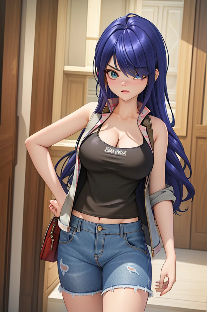 (8k, RAW photo, best quality, masterpiece:1.2), (intricate details), perfect eyes, perfect face, perfect lighting, beautiful, (masterpiece:1.2), (best quality:1.2), 1girl, solo, marinette, blue hair, ((long loosen hair, bangs over one eye )), adult torso, 19 years old, angry, huge sized breasts, (tank top, denim jacket, red skirt), cowboy shot, 3DMM, standing, front view, 