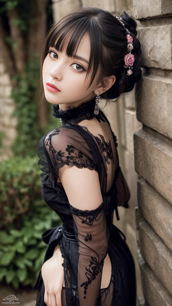 (Highest quality, Very detailed, masterpiece:1.2), ((2 women,Face it,Point your ass to the camera)), Very thin body, length, Thin legs, ((Black wavy short hair)), ((Thick and fluffy bangs)), Very detailedな顔,A faint smile, small, Thin Nose, small thin mouth, Extremely sharply focused eyes, Japanese, Beautiful Face, Realistic eyes, Beautiful and beautiful eyes, Realistic Skin, Beautiful Skin, charm, (A vivid face), Beautiful Hairstyles,((Victorian style black and pink dress)), Gothic design, Accessories include leather items and studs..., Chains are important, Creepy and unique hairstyles, High resolution, Vibrant color palette, Mysterious and mysterious stone wall, Amazing place, Tim Burton's signature dark shadows and strange details, background, Backwards,Camera angle from below,I can see your pants、Panty shot