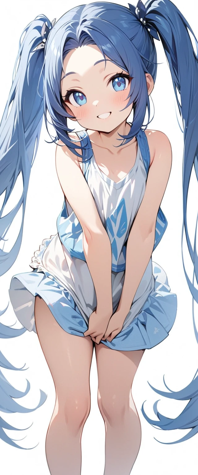 whole body, (female): 1girl, (solo), (perfect face), (detailed outfit), (), beautiful female, smile (happy), blue hair, long hair, twintails hair, blue eyes, (tank top,), (white background), (masterpiece:1.4), (best quality), (ultra-detailed)