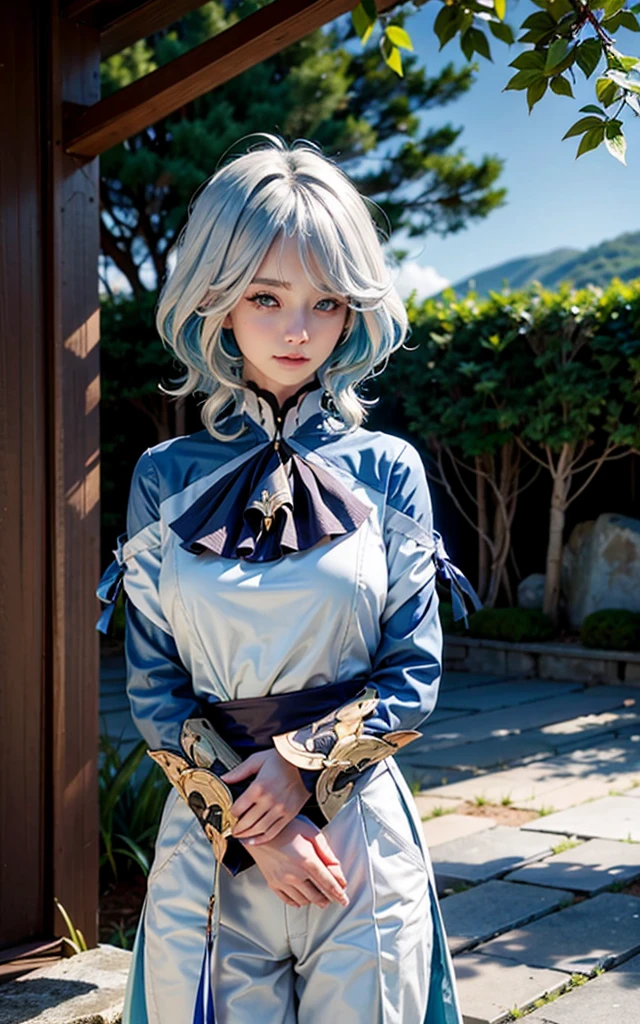 Furina from Genshin Impact) 18 years old, (Raw photo, Best Quality), (Realistic, Photorealsitic:1.3), masterpiece, Extremely delicate and beautiful, Soft light, (blue and white hair, Shoulder-length straight hair swaying in the wind), Beautiful detailed girl, (Detailed fingers), extremely detailed eye and face, beautiful detailed nose, Beautiful detailed eyes, 1 girl, Japanese, Neat and clean beauty, Cute, young, dress shirts, Pants, (Half body:1.3), (big breasts), Realistic face, Realistic body,