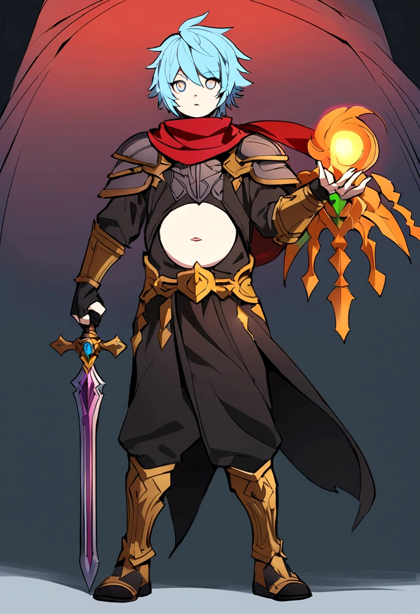 Full Body art of in, league of legends style- a16 year old cute teen boy wearing a red headband, long light blue emo hair, with bangs, silver eyes, yellow pupil, retina, he wears a Black medieval adventurous coak clothing, with very nice red scarf, he is showing his belly, he is holding a magic sword, illustration, unrealistic, vivid colors, Dark fantasy, he is standing, he is walking shows him in full body, show him inside a full body ship