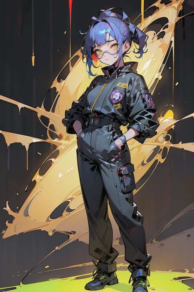 Workwear jumpsuit、Costume with glowing linesを着た女性, cyber punk, Punk Rock, Mosh Pit, (Highest quality,4K,8K,High resolution,masterpiece:1.2),Live Stage、Costume with glowing lines、Large sunglasses,Punkish hairstyle、Full body portrait