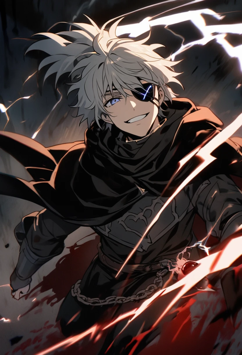 Anime character, a man, medieval era. Young man, 20 years old, cold gaze, fierce and crazy smile, white teeth, short messy gray hair, ponytail, left eye patch, black clothes, dark cape with hood, chains. front camera, walking forward in a sea of ​​blood. White lightning in the right hand, black lightning in the left hand. Right eye shining in a white ray. Thundering lightning