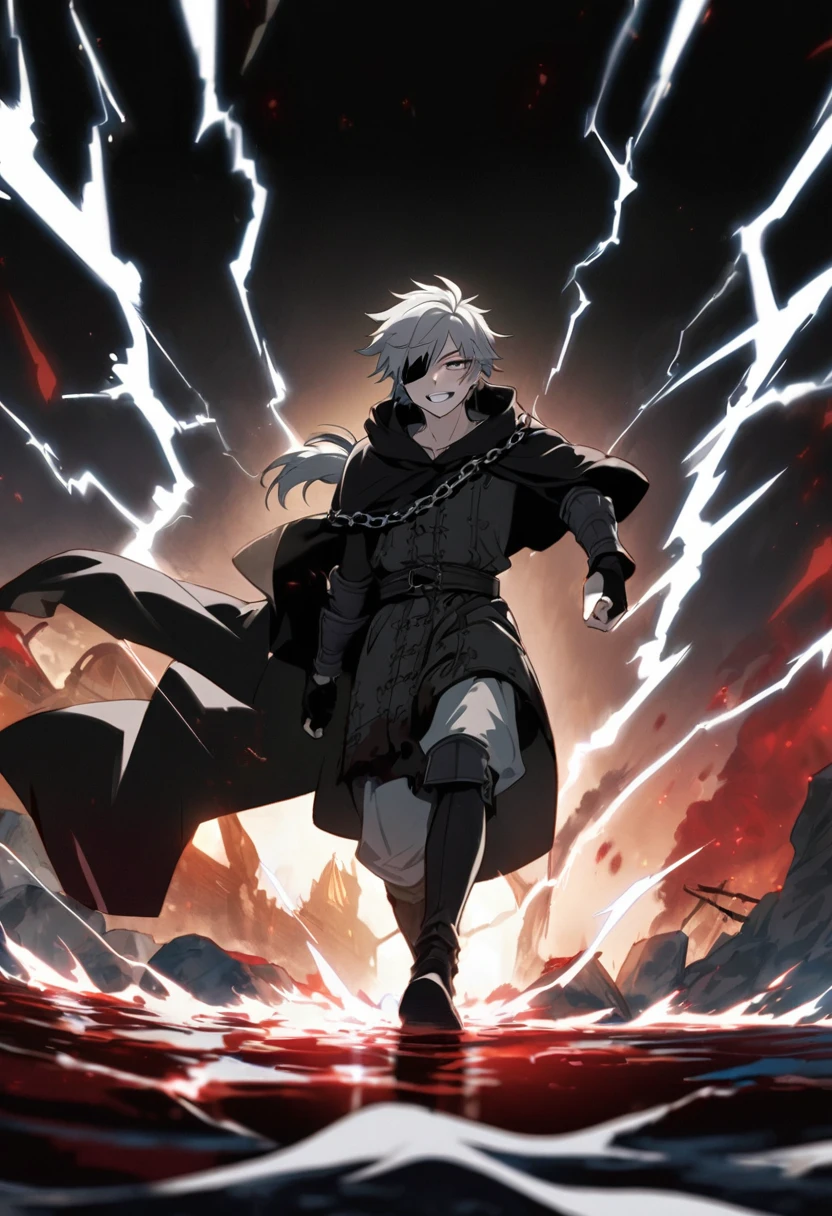 Anime character, a man, medieval era. Young man, 20 years old, cold gaze, fierce and crazy smile, white teeth, short messy gray hair, ponytail, left eye patch, black clothes, dark cape with hood, chains. front camera, walking forward in a sea of ​​blood. White lightning in the right hand, black lightning in the left hand. Right eye shining in a white ray. Thundering lightning