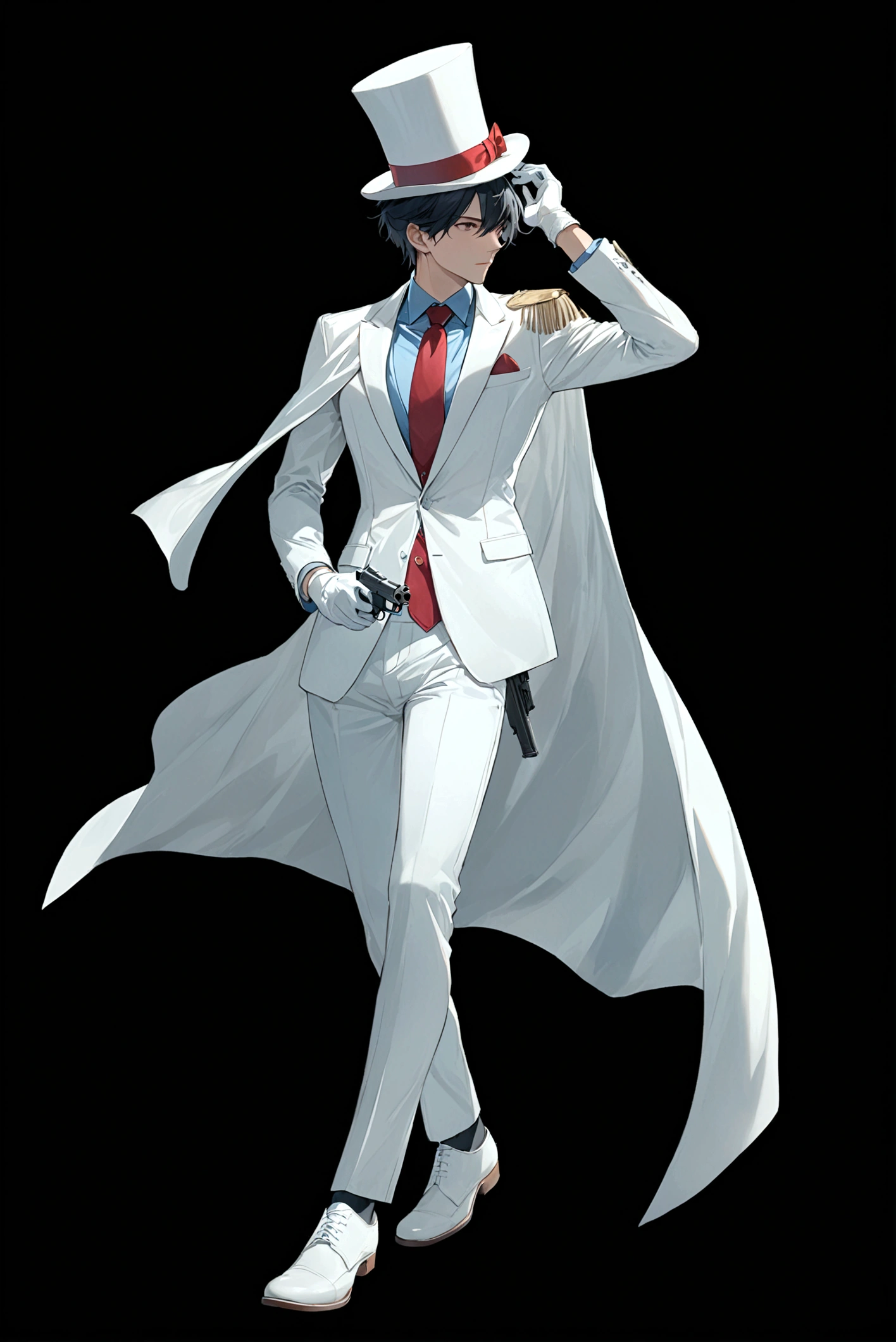 solo, simple background, black hair, shirt, gloves, 1boy, hat, holding, full body, weapon, male focus, necktie, shoes, pants, white gloves, cape, holding weapon, arm up, gun, white headwear, formal, white footwear, suit, red necktie, black background, holding gun, top hat, adjusting clothes, white pants, hand on headwear, white cape, white suit