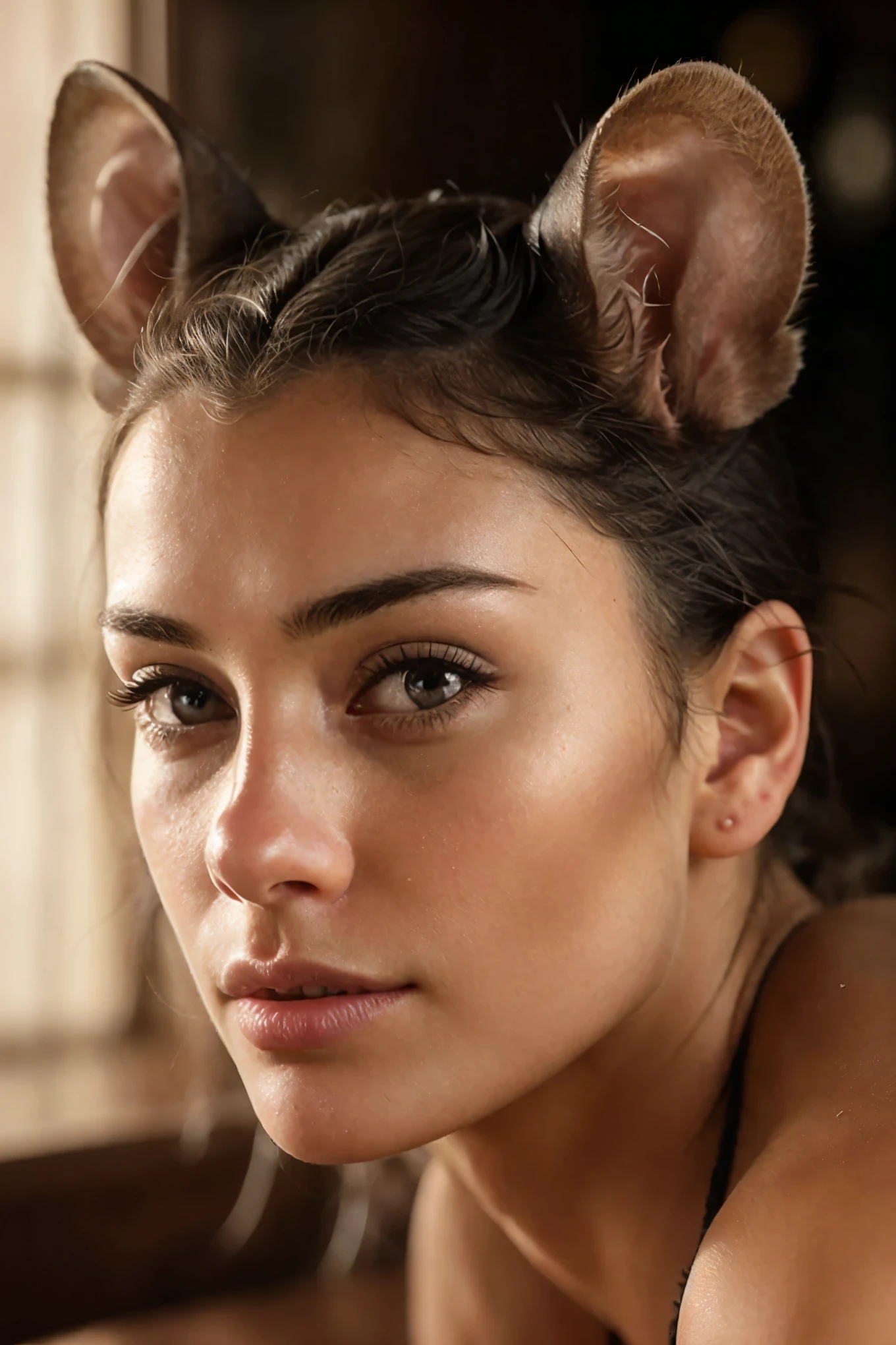 Photorealistic, highly detailed, Cute rat, close-up portrait, solo, looking directly at the camera, antique wooden table scene, dimly lit, vintage lab, eighteen years old, grey fur, beady black eyes, high resolution, Masterpiece, Best quality, Intricate high detail, Sharp focus, Detailed skin, realistic skin texture, texture, detailed eyes, professional, 4k, charming gaze, shot on Canon, 100mm macro lens, deep depth of field, Kodak Vision-Black-and-White, realistic rodent body, extremely detailed, foto_\(ultra\), photorealistic, real life, ultra realistic, Photoreal