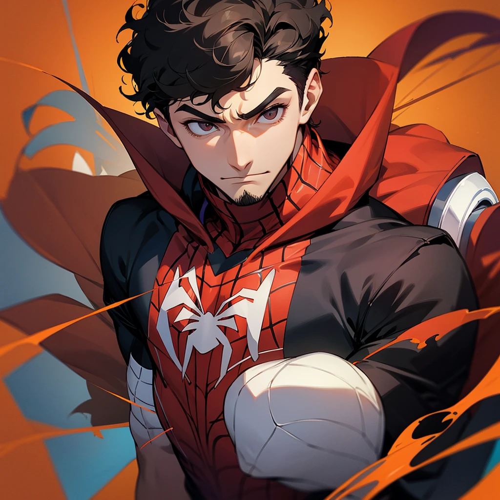 A man with a tourist physique wearing a Spider-Man outfit without the mask with curly black hair