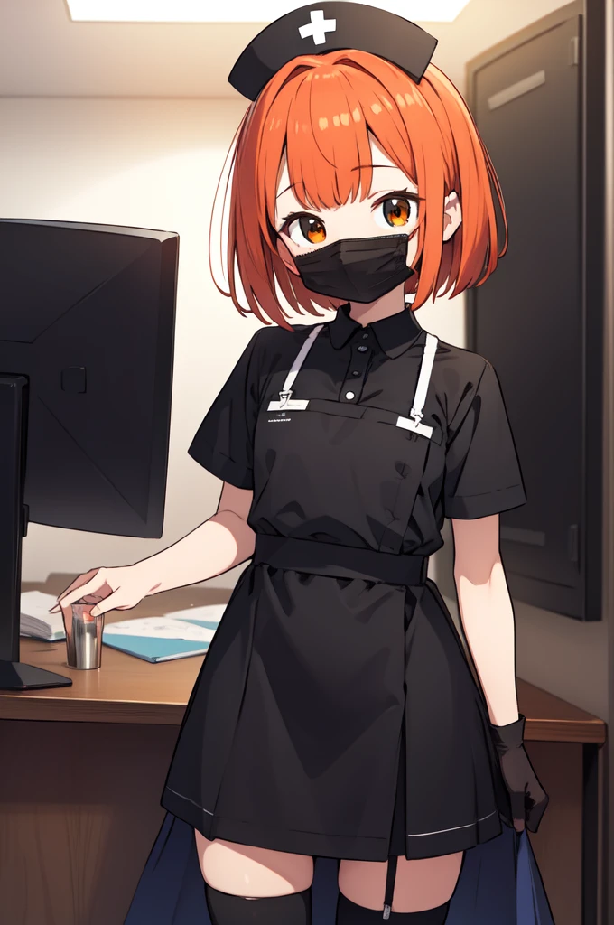 black nurse, 1girl, solo, black nurse cap, black nurse uniform, ((black legwear, zettai ryouiki)), black elbow gloves, very short hair, orange hair, ((black surgical mask, covered nose)), standing, ((surgery room)), sharp outline, short sleeves, tomboy, boyish, best quality, masterpiece