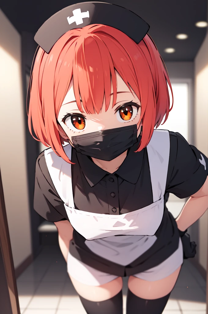 black nurse, 1girl, solo, black nurse cap, black nurse uniform, ((black legwear, zettai ryouiki)), black elbow gloves, very short hair, orange hair, ((black surgical mask, covered nose)), standing, ((surgery room)), sharp outline, short sleeves, tomboy, boyish, best quality, masterpiece