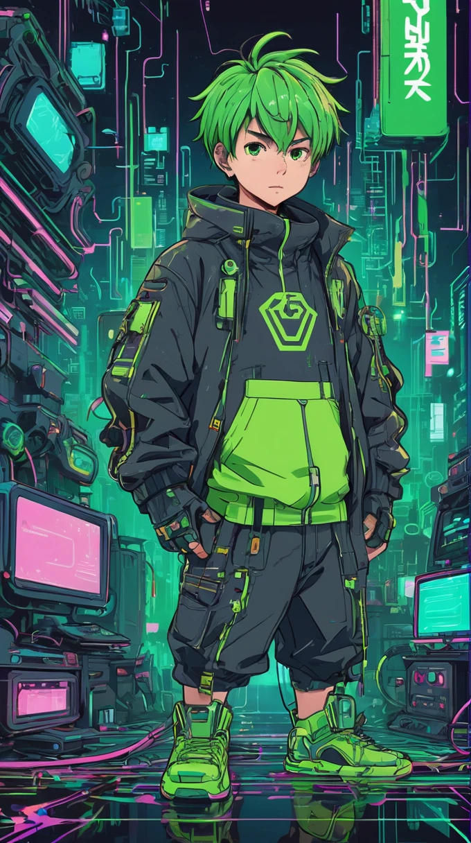Japanese cartoons, a boy, Kawaii, Cyberpunk, More Green,rich and colorful, ink paint Line Art, Vector Art, Thick Line, Glitch Art, Flat color, key point, Energetic, Technical drawings, Line Art, The Minimalists, masterpiece,