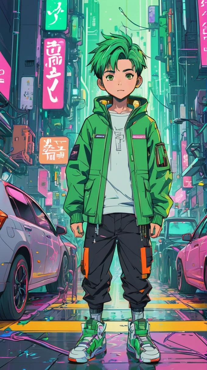 Japanese cartoons, a boy, Kawaii, Cyberpunk, More Green,rich and colorful, ink paint Line Art, Vector Art, Thick Line, Glitch Art, Flat color, key point, Energetic, Technical drawings, Line Art, The Minimalists, masterpiece,