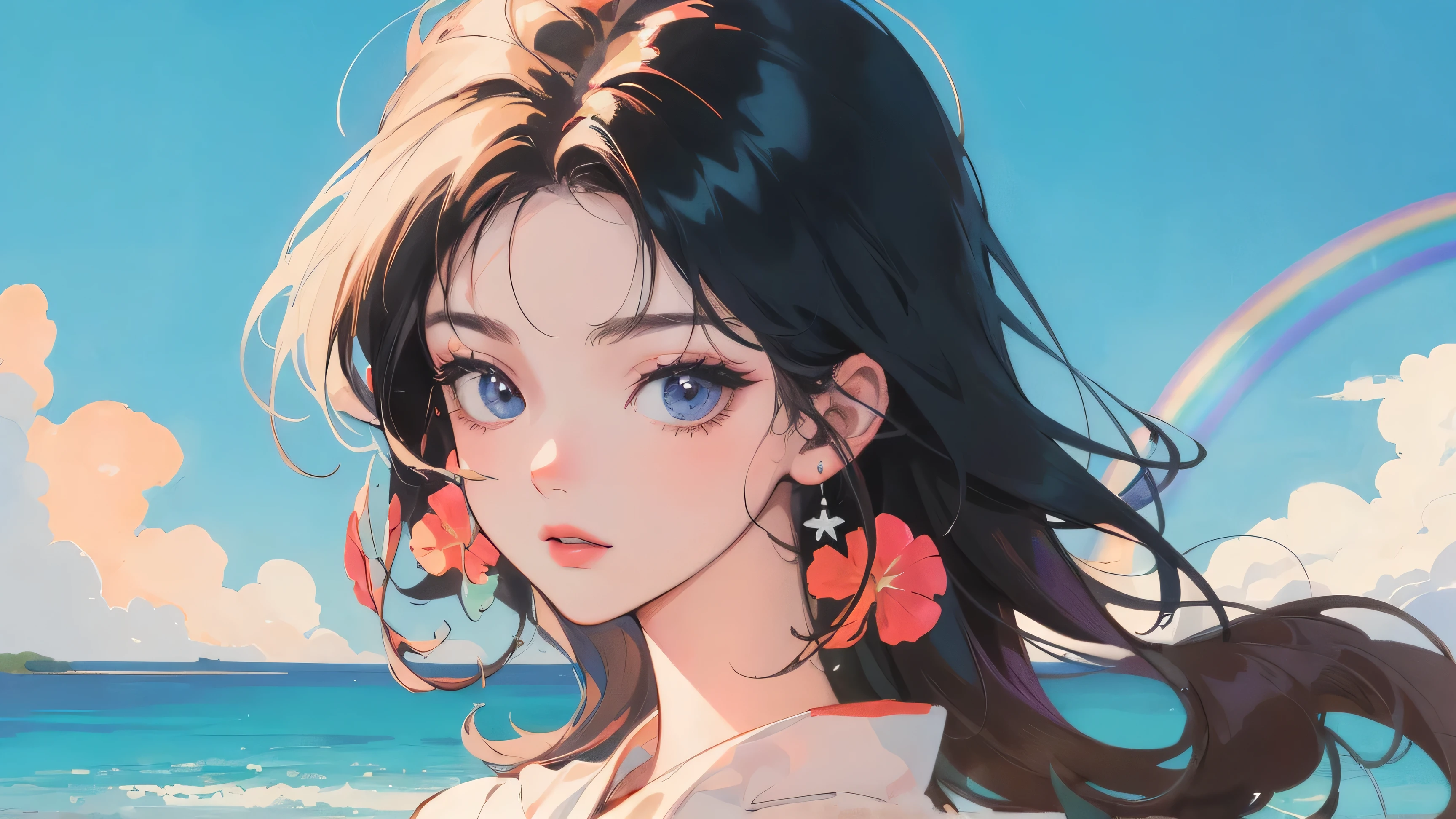 masterpiece, Highest quality, Rainbow Style, anime, Beautiful Asian Girl, K-Pop aesthetics and style, 80s American hippie style, Along the Hawaiian Coast, Cute and dreamy,anime,Illustrator,LOFI Girl,